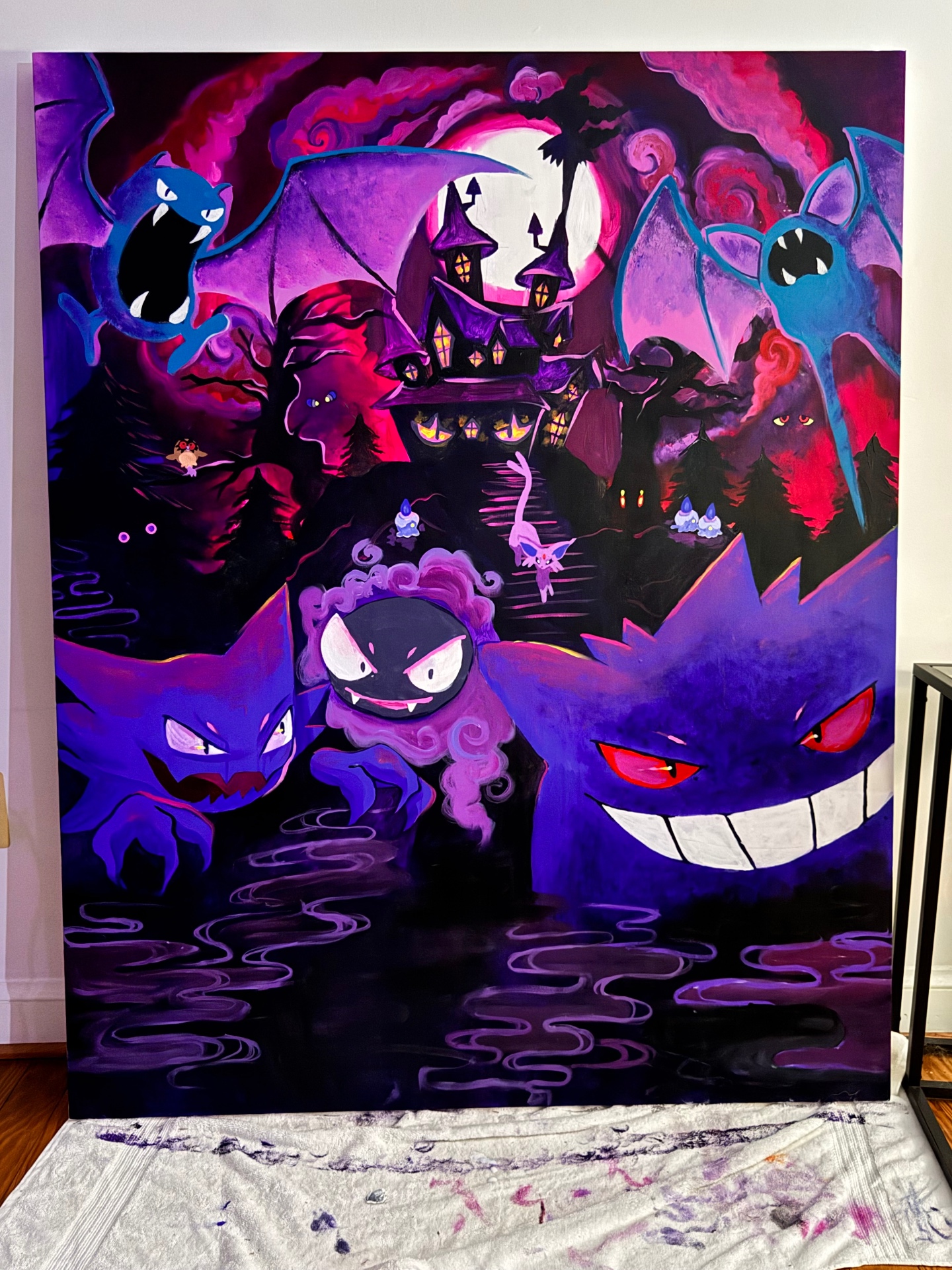Large hand-painted ghost Pokémon canvas in studio
