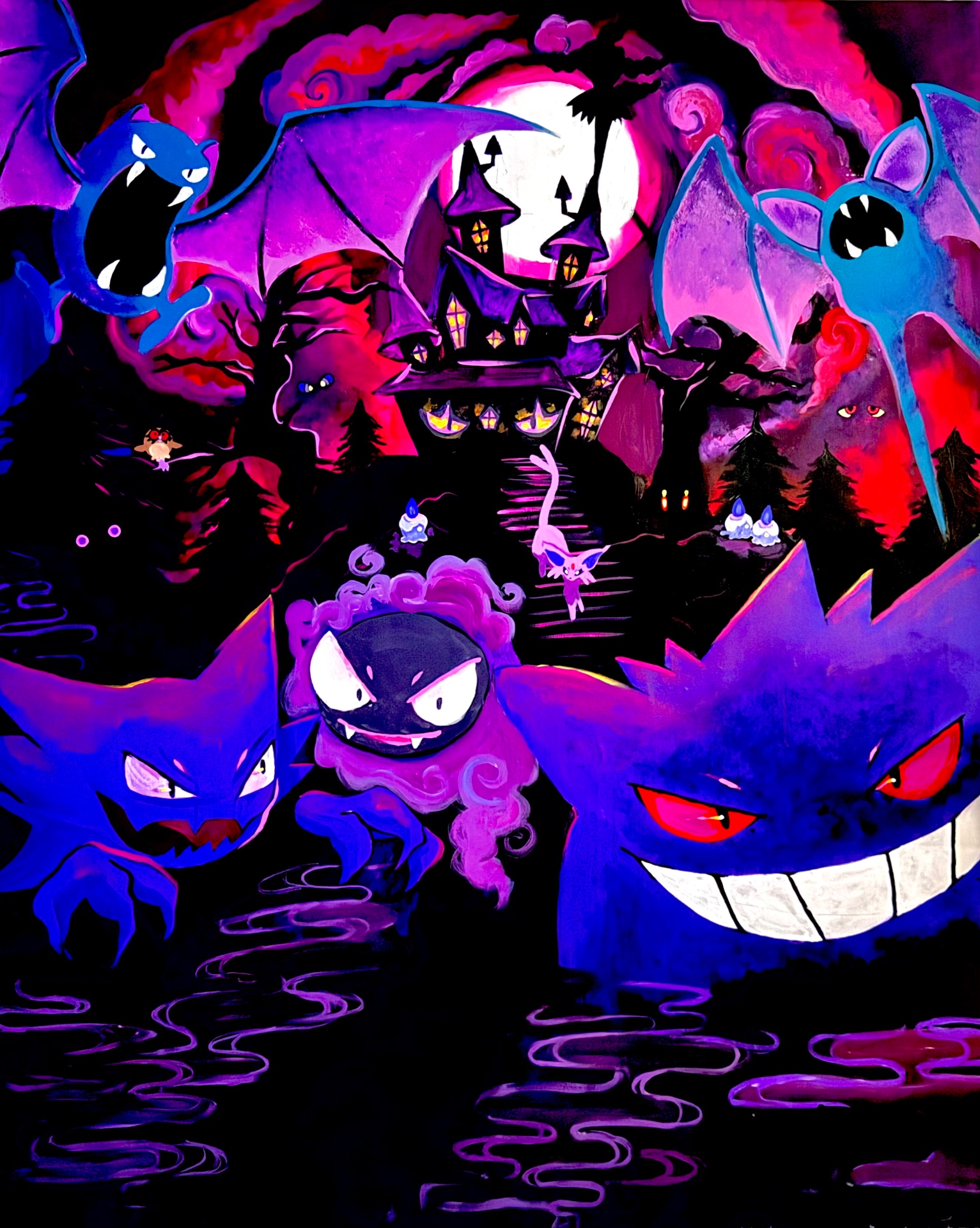 Ghost-type Pokémon haunted mansion mural — Gengar, Haunter, Gastly